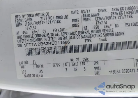 2017 Ford F-250 Xl из США, поврежденный, VIN 1FT7W2B62HED11566